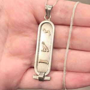 Vintage Sterling 14K Egyptian Cartouche Necklace Double Sided Hieroglyphics